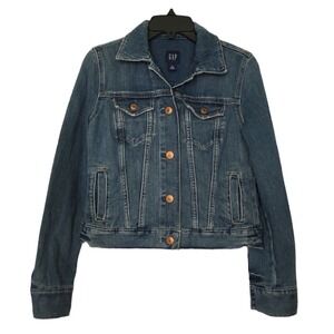 GAP Womens Denim Trucker Jacket Medium Wash Blue Cotton XS Jean Jacket‎